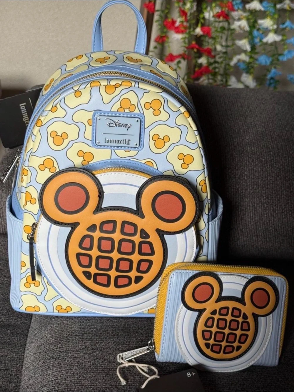 Loungefly Light Blue & Yellow Mickey Waffle Mini Backpack with Matching Wallet